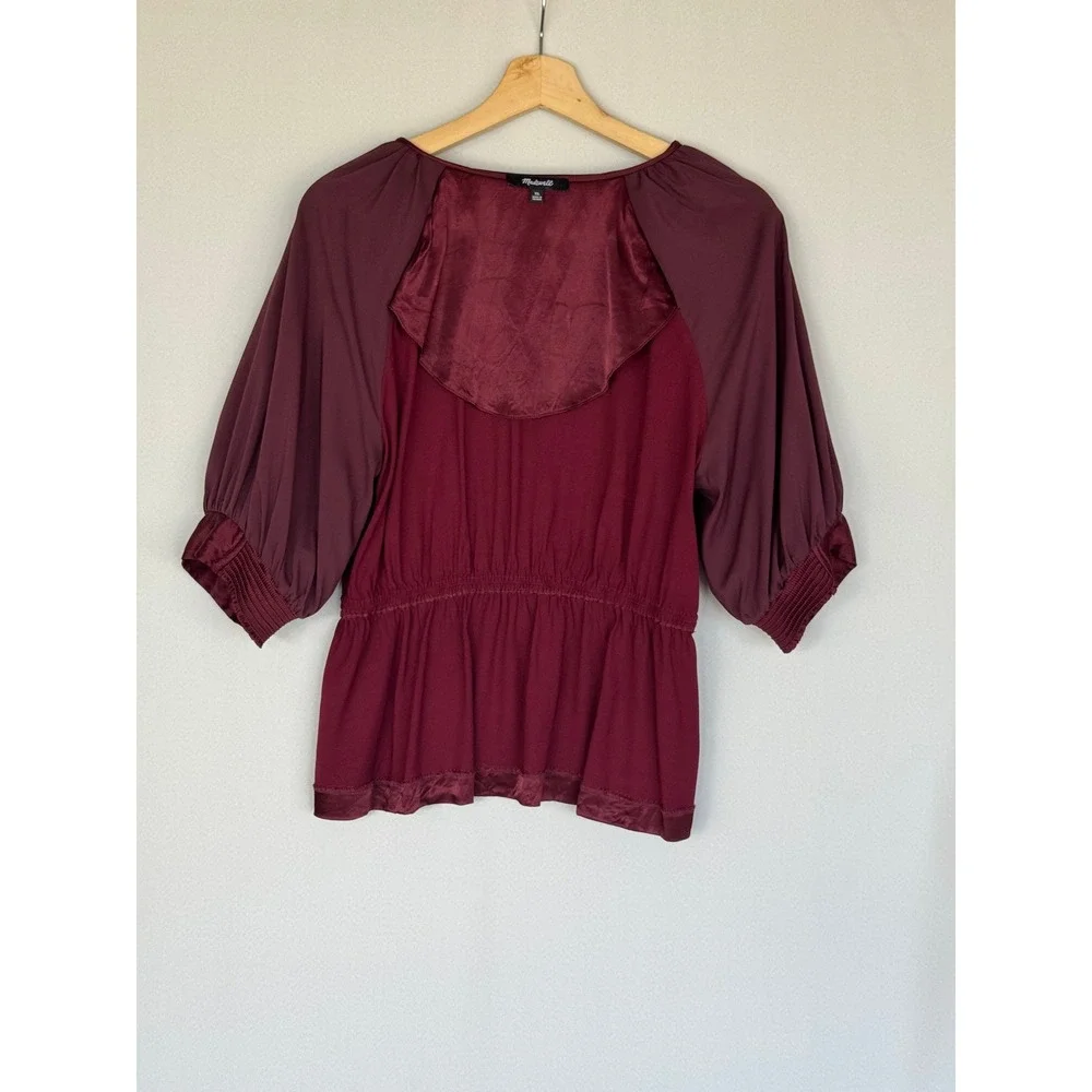 Madewell Burgundy Cabernet Satin V Neck Shirred Puff Sleeve Peplum Top X-Large